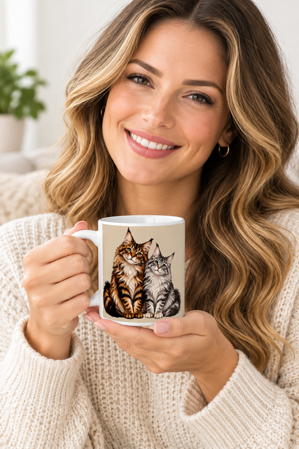 Maine Coon, beige background mug