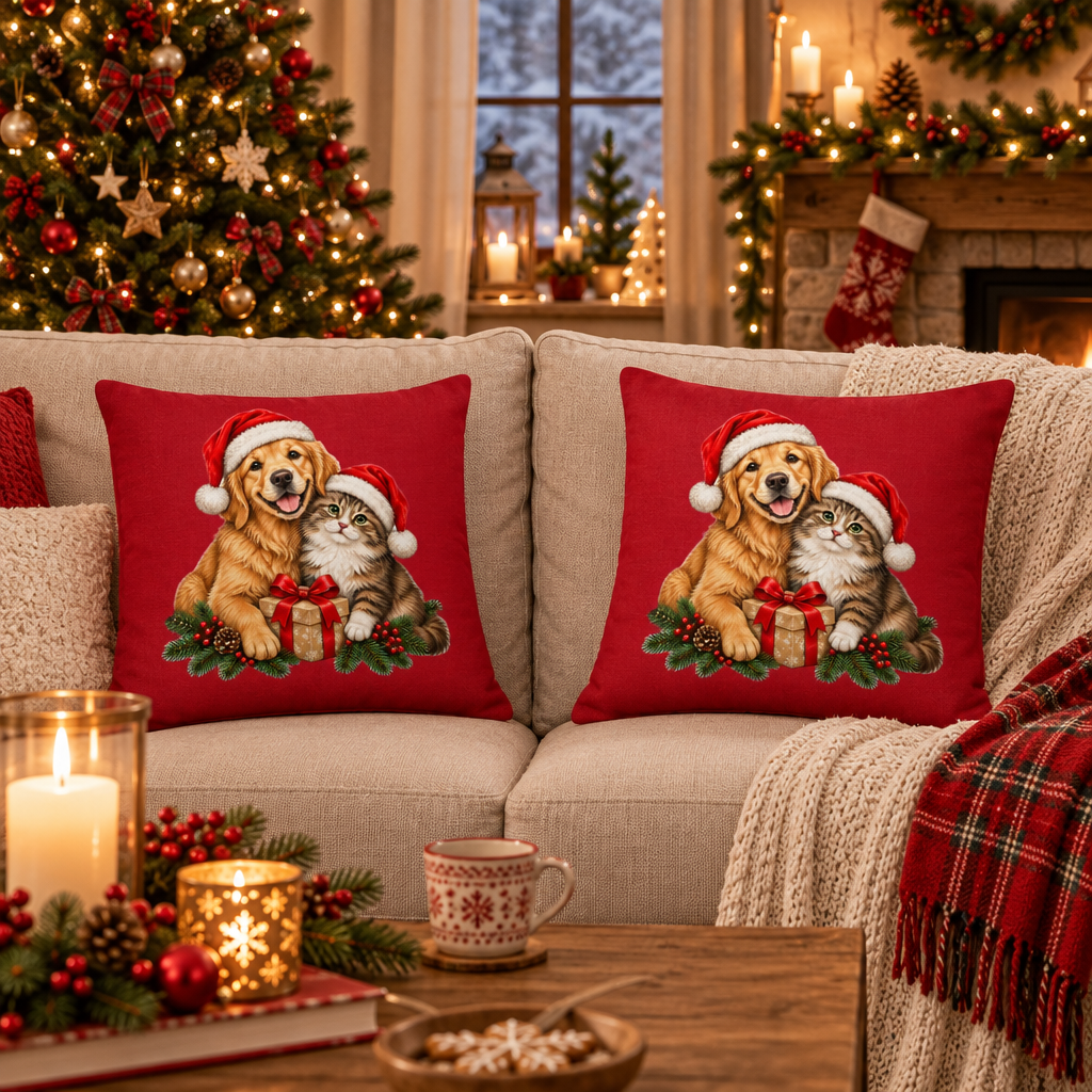 Cute Cat & Dog Christmas Premium Pillow