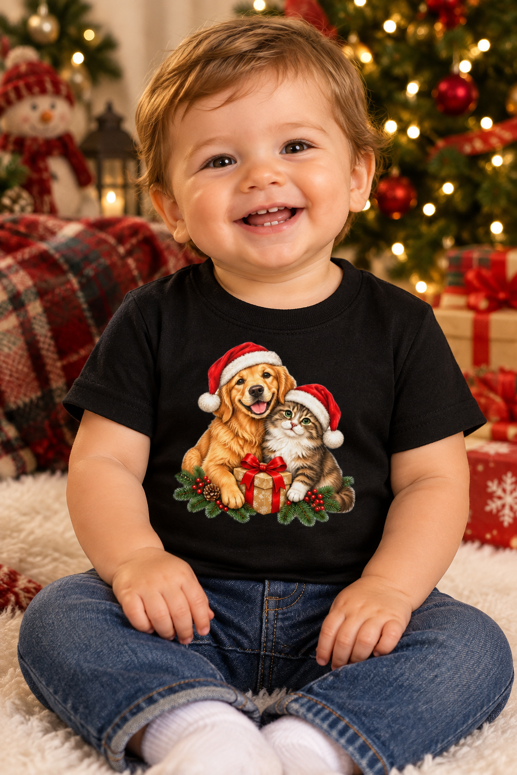 Cute Cat & Dog Christmas Baby Jersey T-Shirt