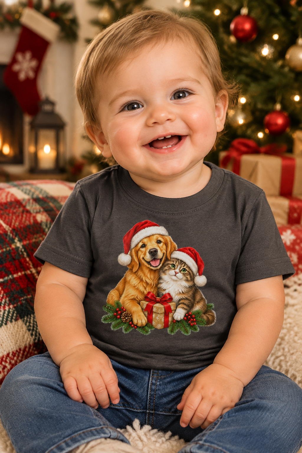 Cute Cat & Dog Christmas Baby Jersey T-Shirt