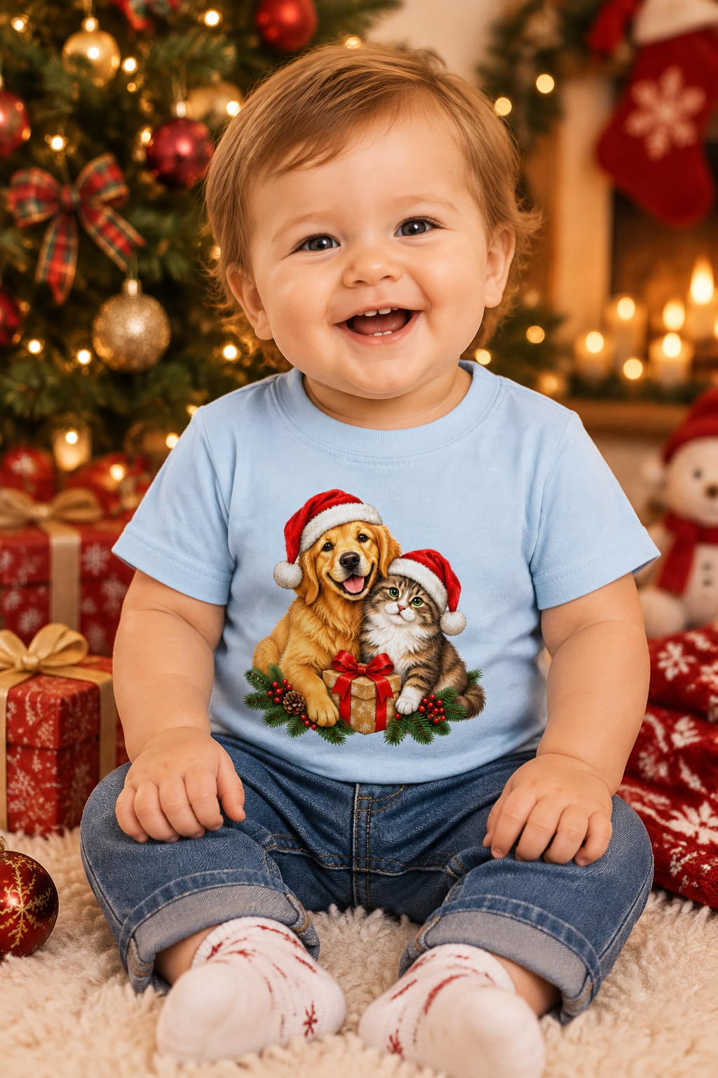Cute Cat & Dog Christmas Baby Jersey T-Shirt