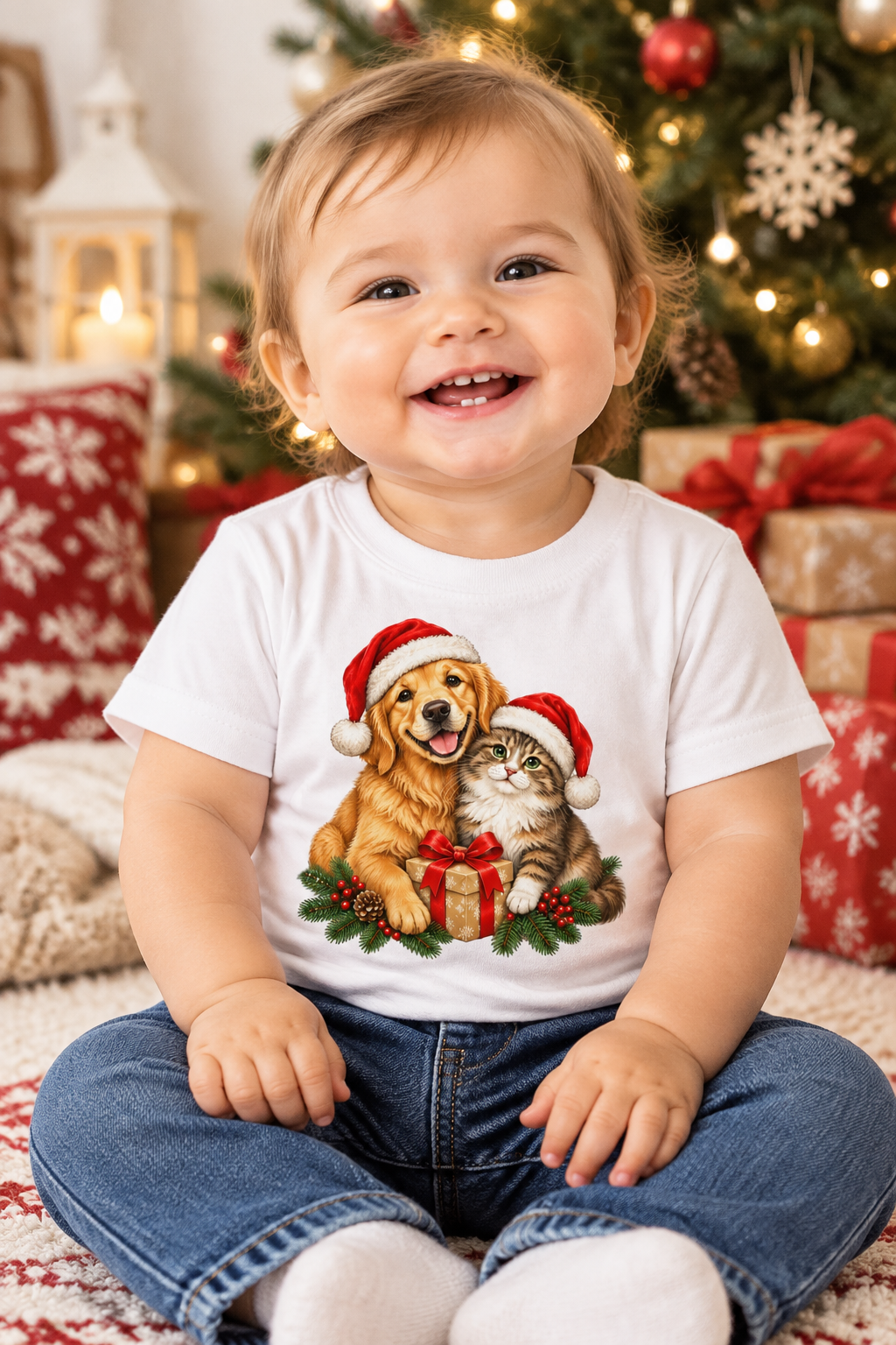 Cute Cat & Dog Christmas Baby Jersey T-Shirt