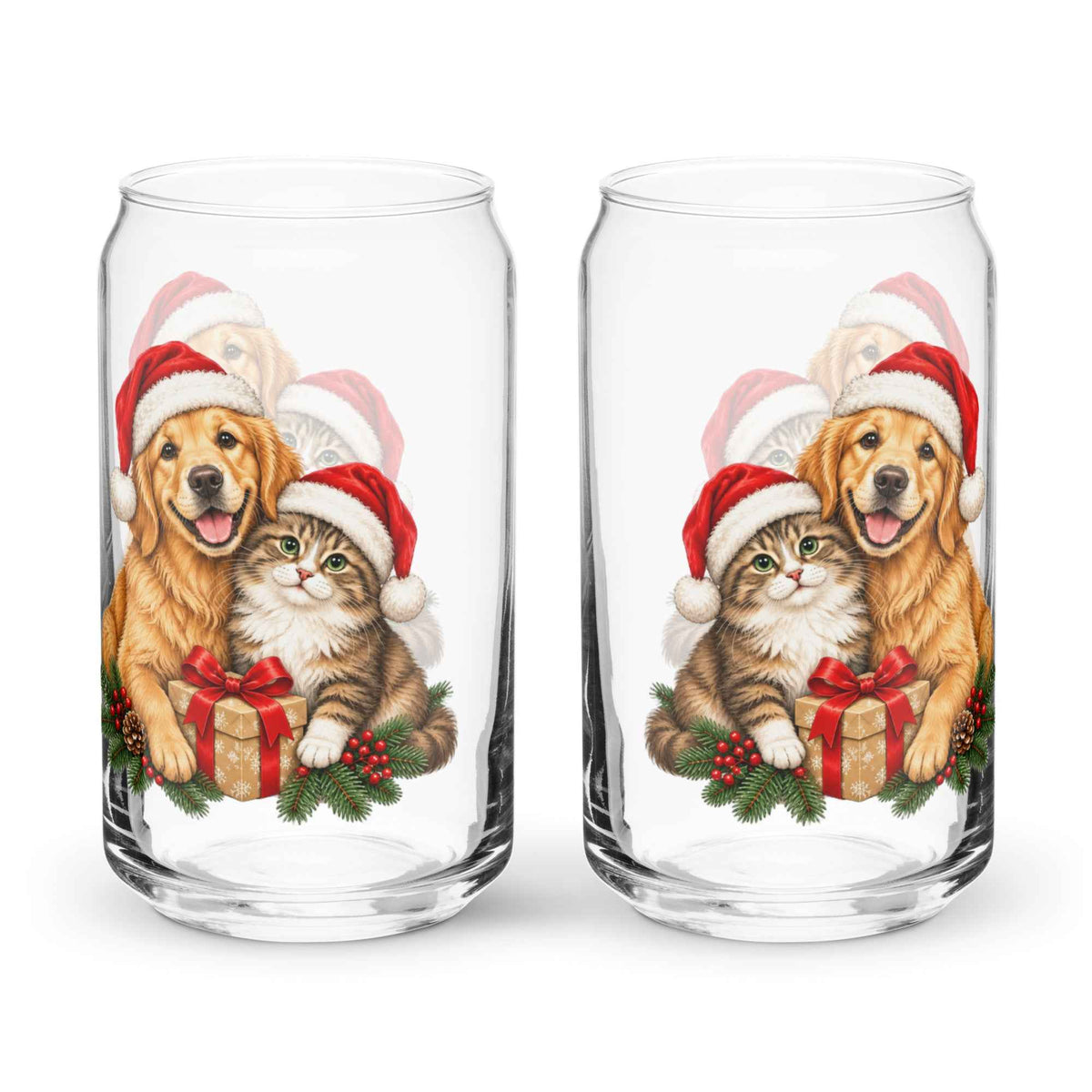 Cute Cat & Dog Christmas Can-Shaped Glass