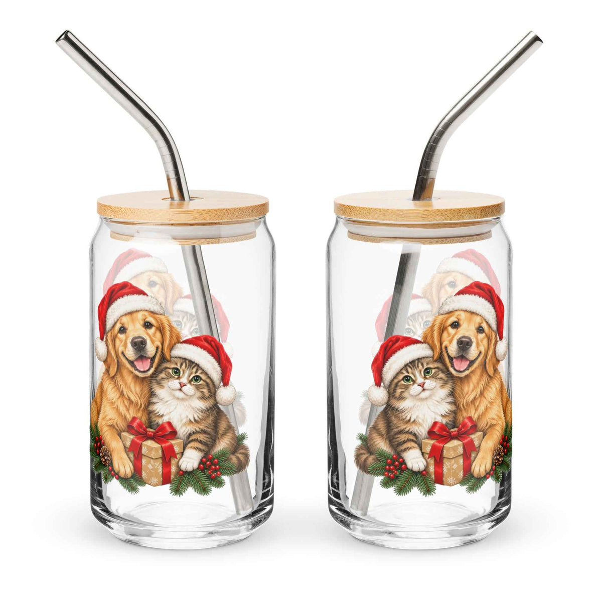Cute Cat & Dog Christmas Can-Shaped Glass