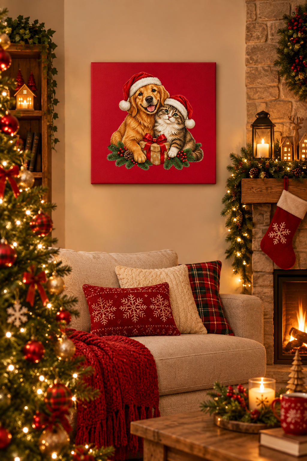 Cute Cat & Dog Christmas Canvas Print - Cozy and Stylish