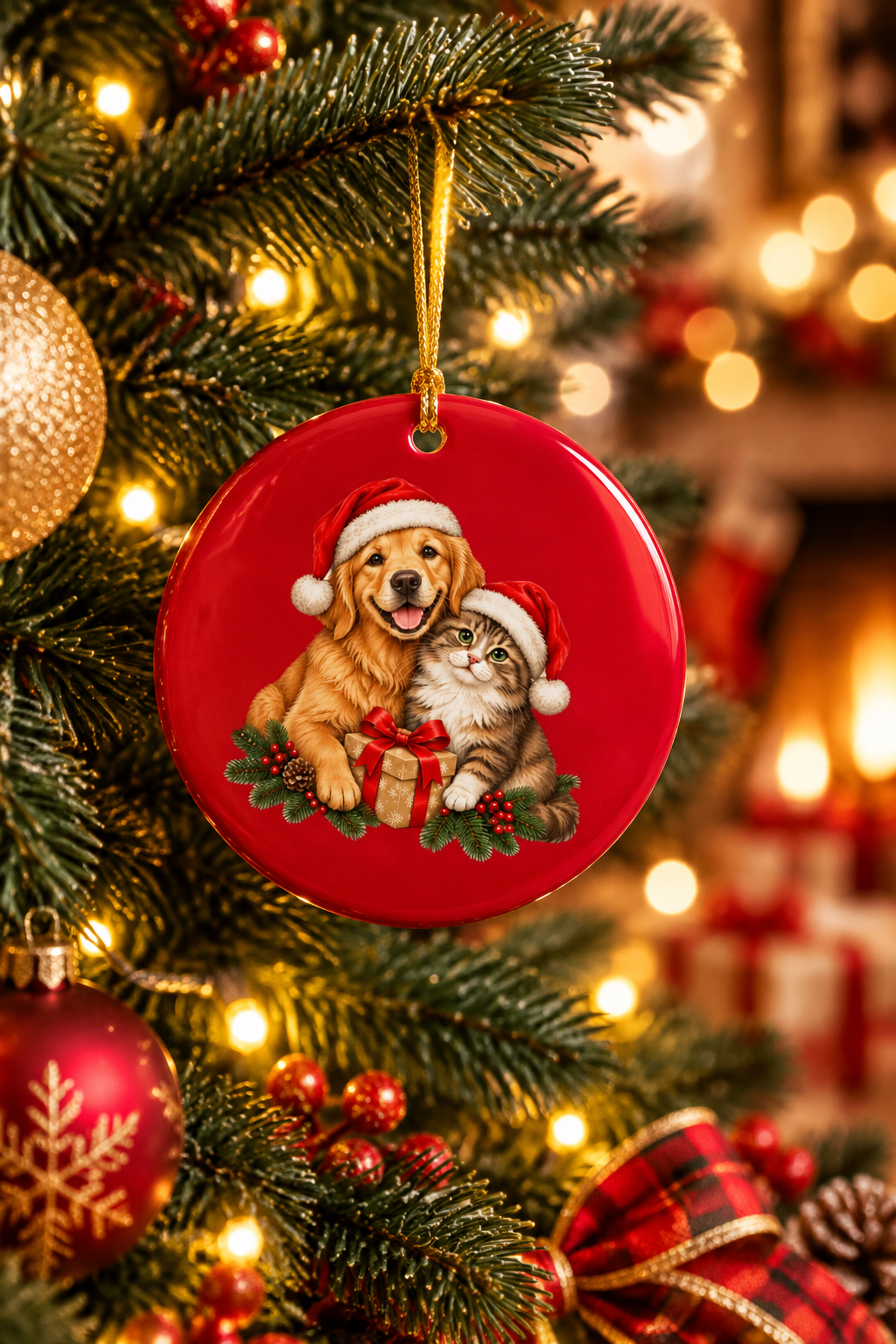 Cute Cat & Dog Christmas Ceramic Ornament