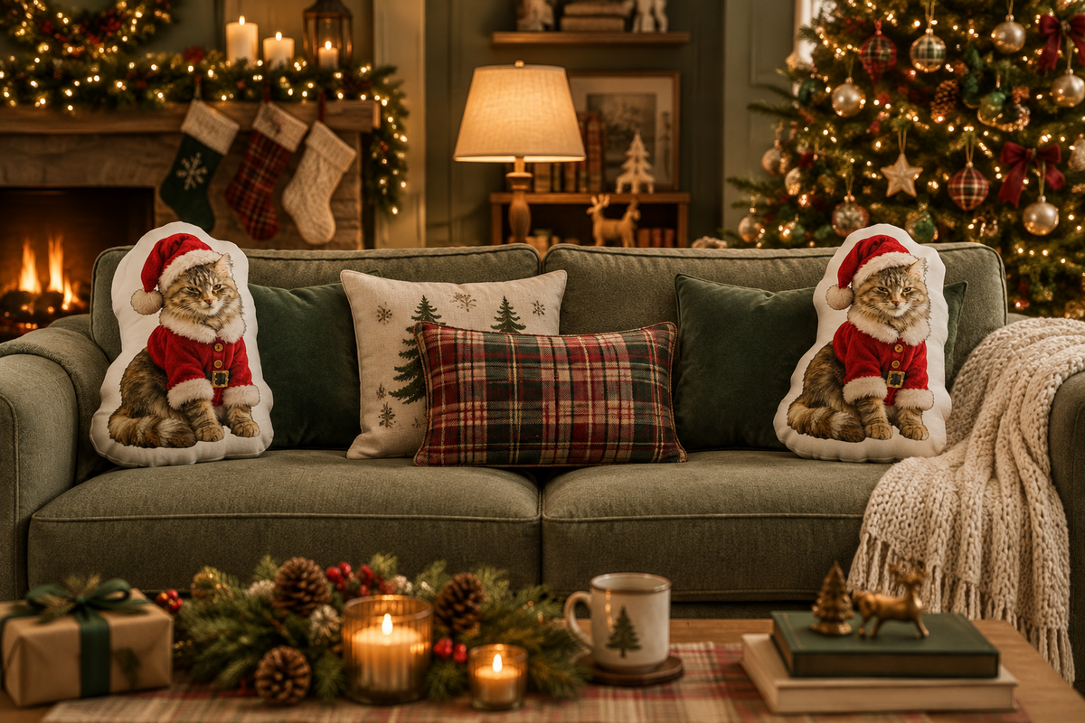 A cozy living room with a Christmas tree, festive pillows, candles, and a fireplace.