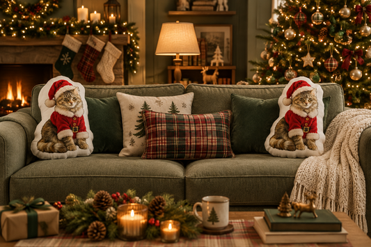 A cozy living room with a Christmas tree, festive pillows, candles, and a fireplace.