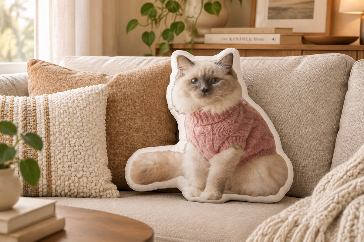 A cat-shaped pillow in a pink sweater on a beige sofa with textured and brown cushions.