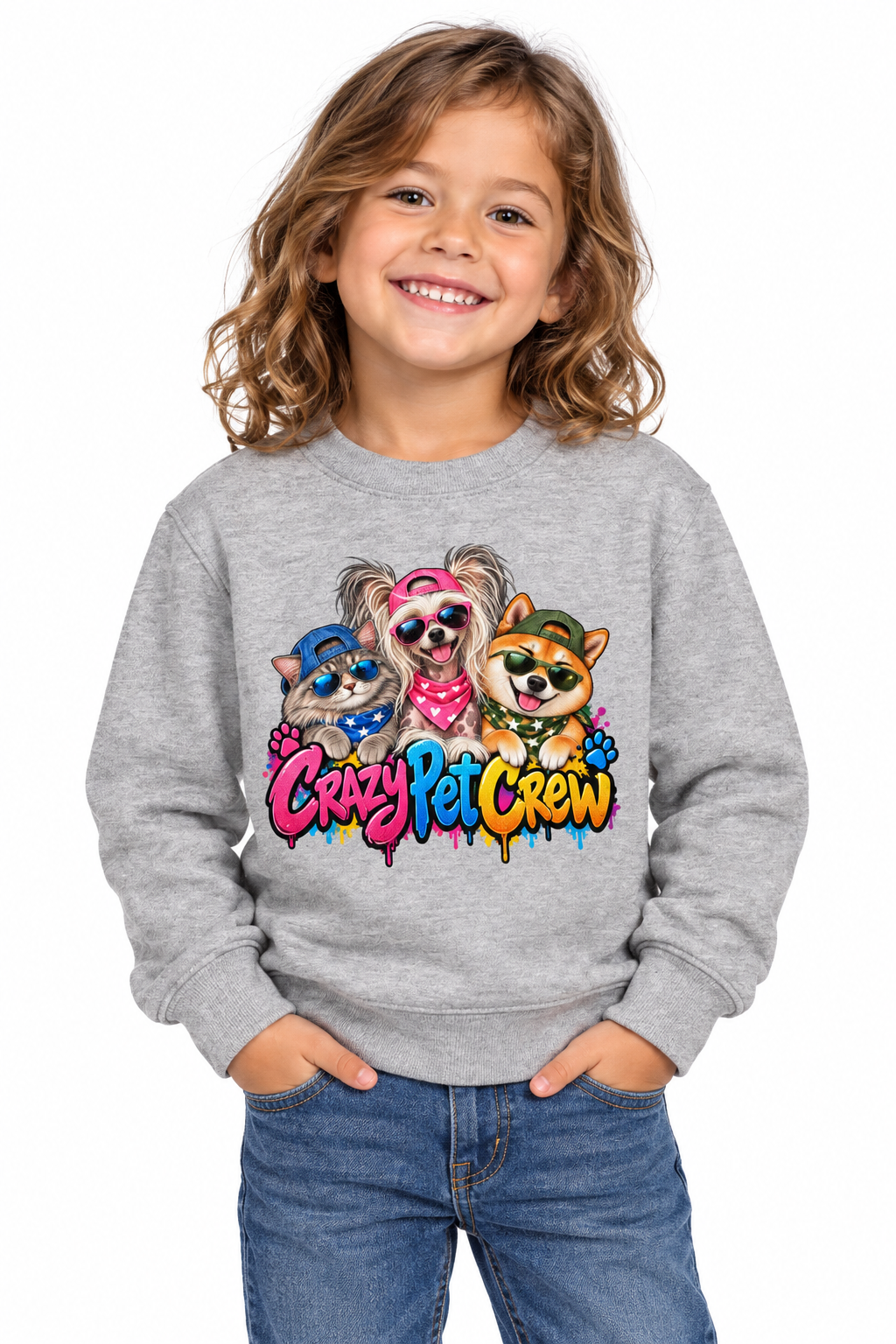 Crazy Pet Crew Kids Unisex Dog & Cat Crew Neck Sweatshirt