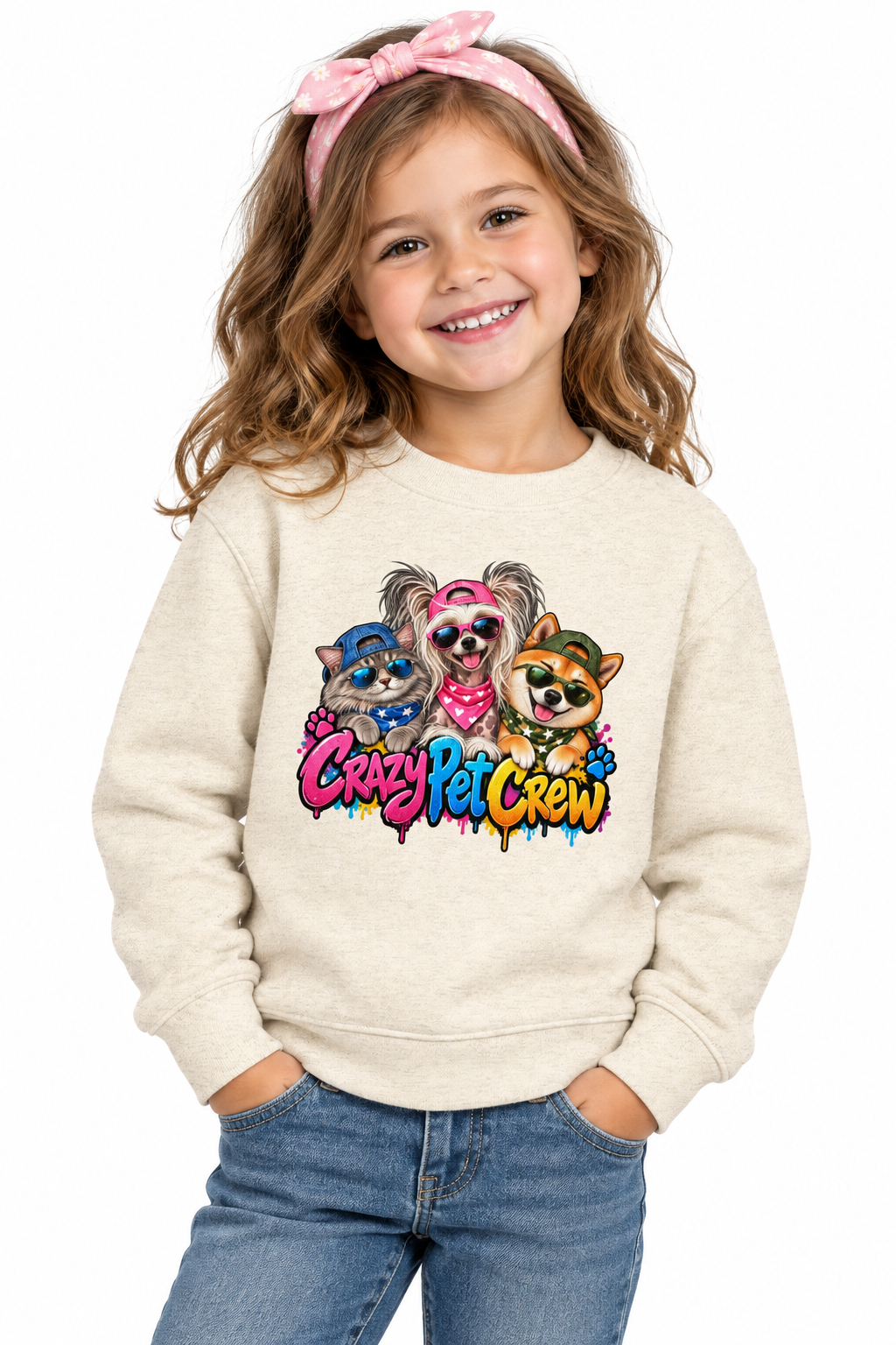 Crazy Pet Crew Kids Unisex Dog & Cat Crew Neck Sweatshirt