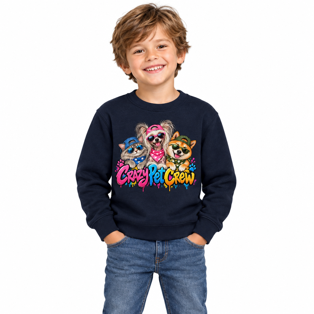 Crazy Pet Crew Kids Unisex Dog & Cat Crew Neck Sweatshirt