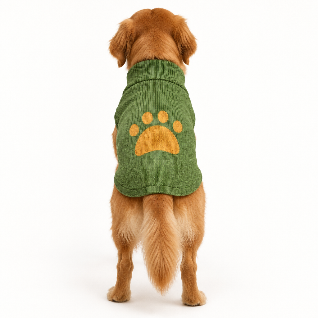 Golden dog wearing green sweater with orange paw print sits on white background.