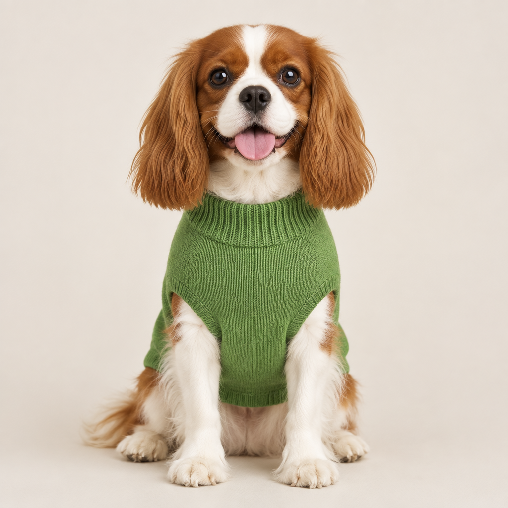 Brown and white dog in a green sweater, sitting with tongue out against a neutral background.