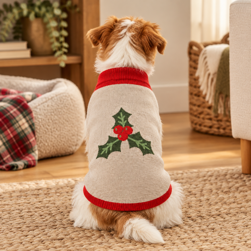 Dog in a festive sweater with holly design, sitting on a woven rug in a cozy room.