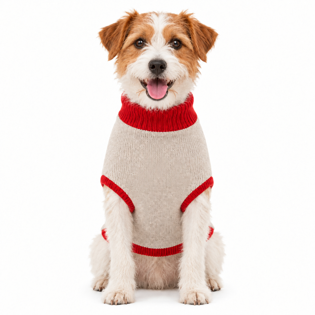 A small brown and white dog wearing a gray sweater with red trim, sitting and looking forward.