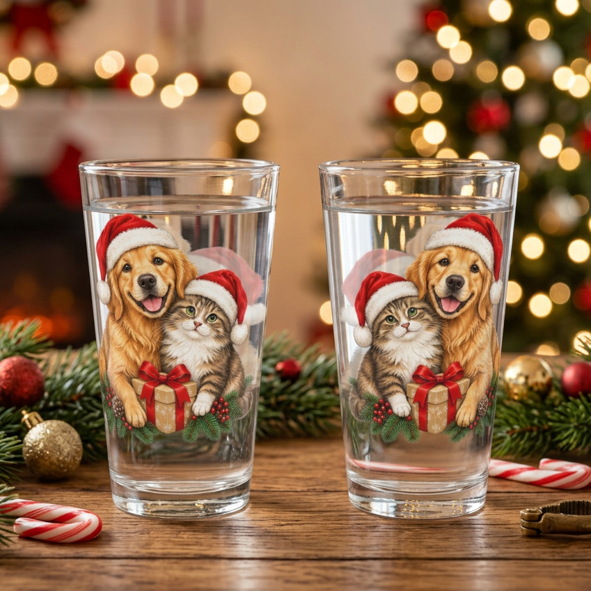 Cute cat and dog Christmas glass