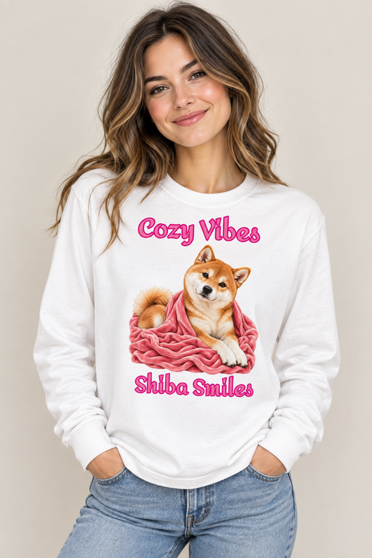 Cozy Vibes, Shiba Smiles long-sleeve shirt