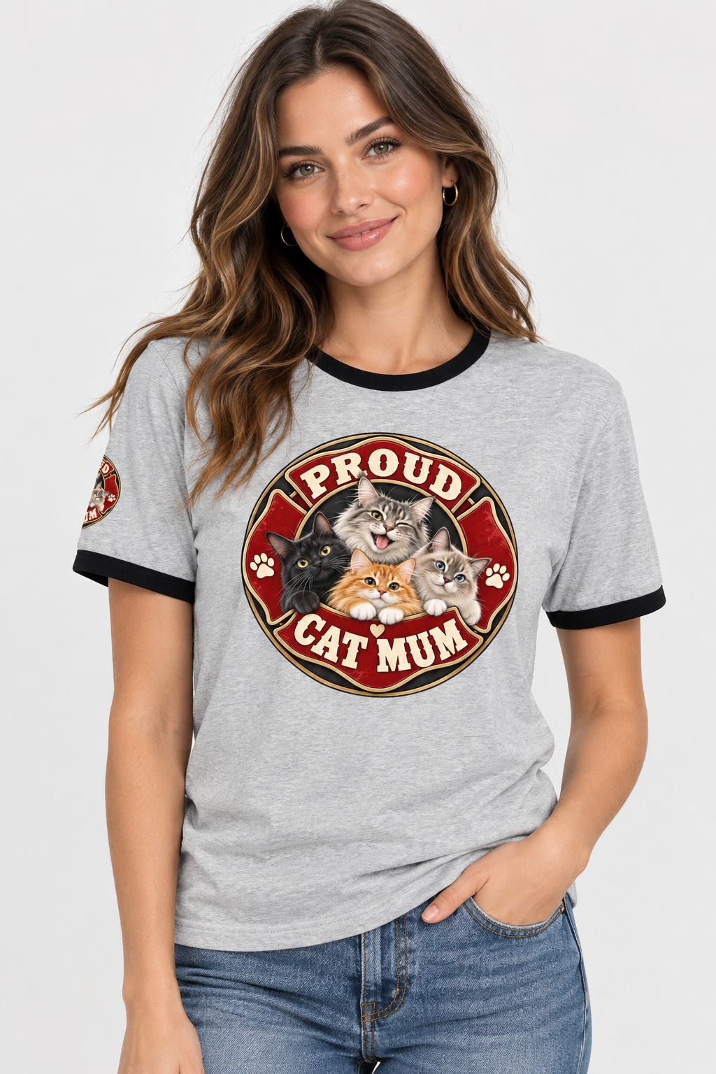 Proud Cat Mum ringer t-shirt