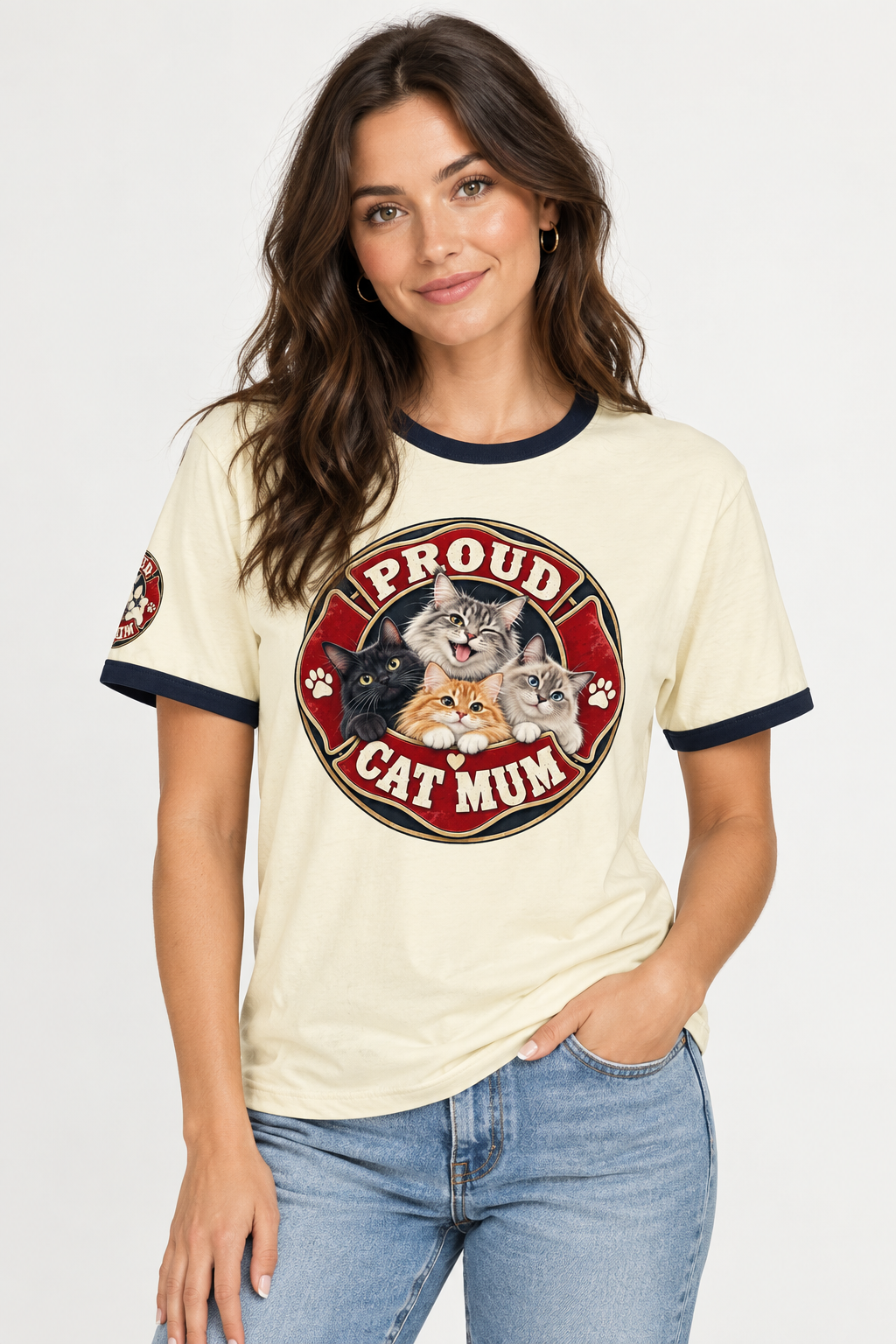 Proud Cat Mum ringer t-shirt