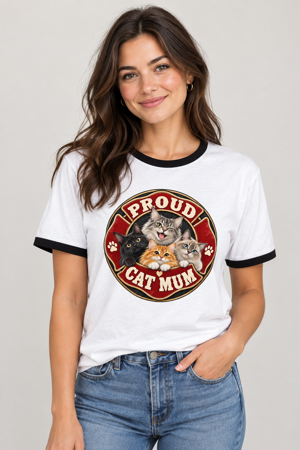 Proud Cat Mum ringer t-shirt