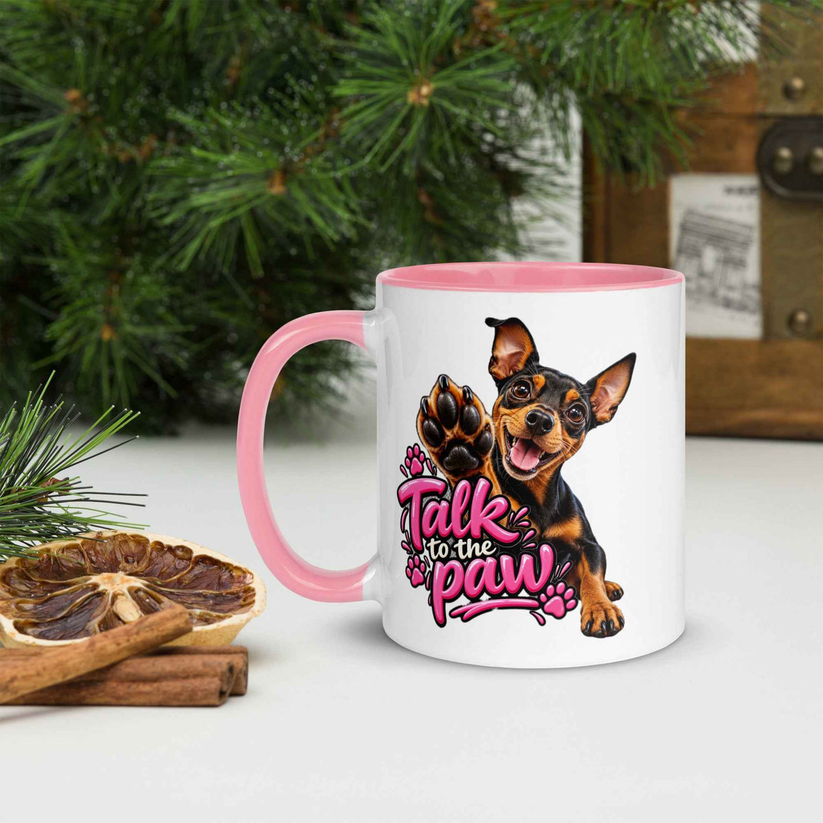 Talk to the Paw Pinscher Mug with Pink Interior