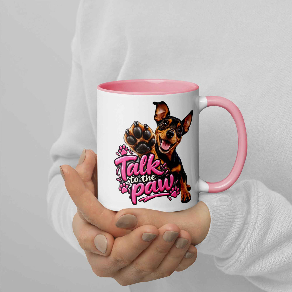 Talk to the Paw Pinscher Mug with Pink Interior