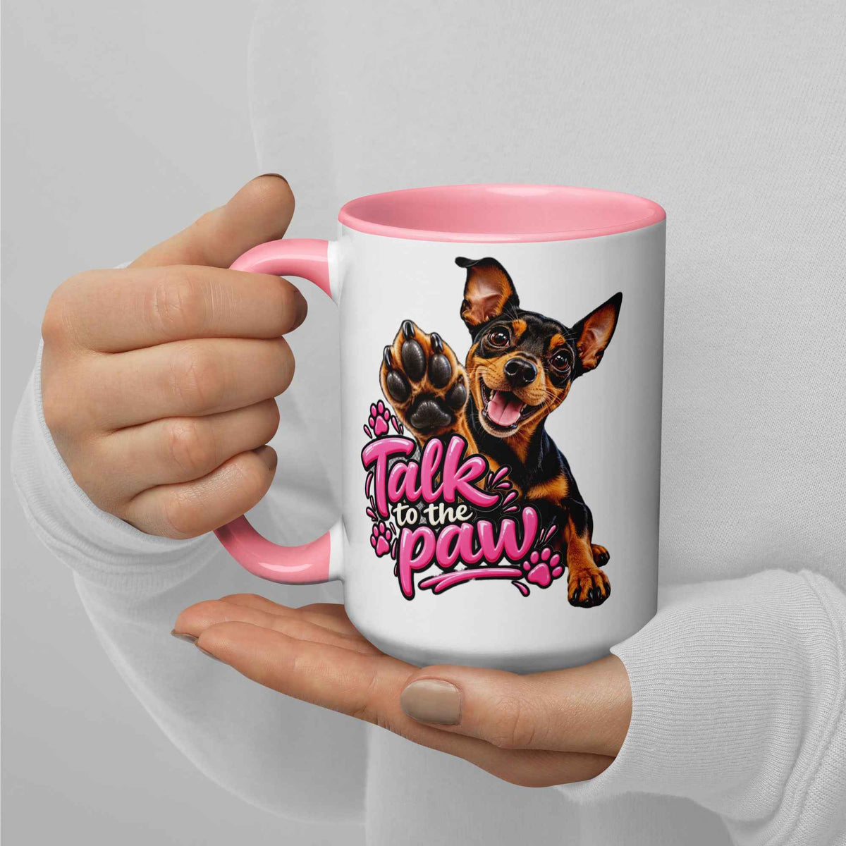 Talk to the Paw Pinscher Mug with Pink Interior