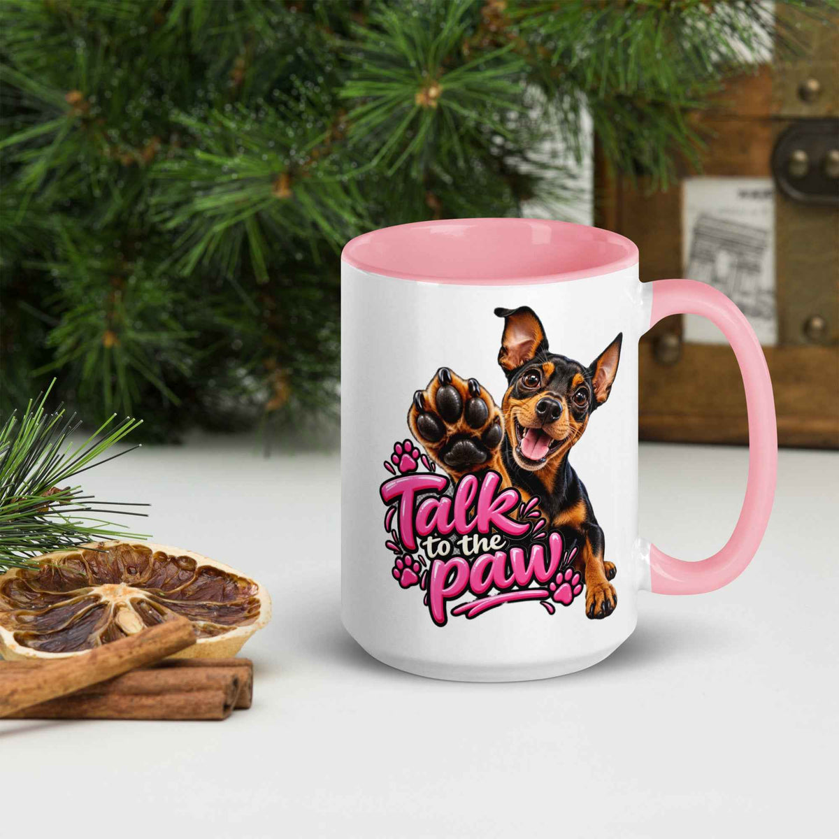 Talk to the Paw Pinscher Mug with Pink Interior