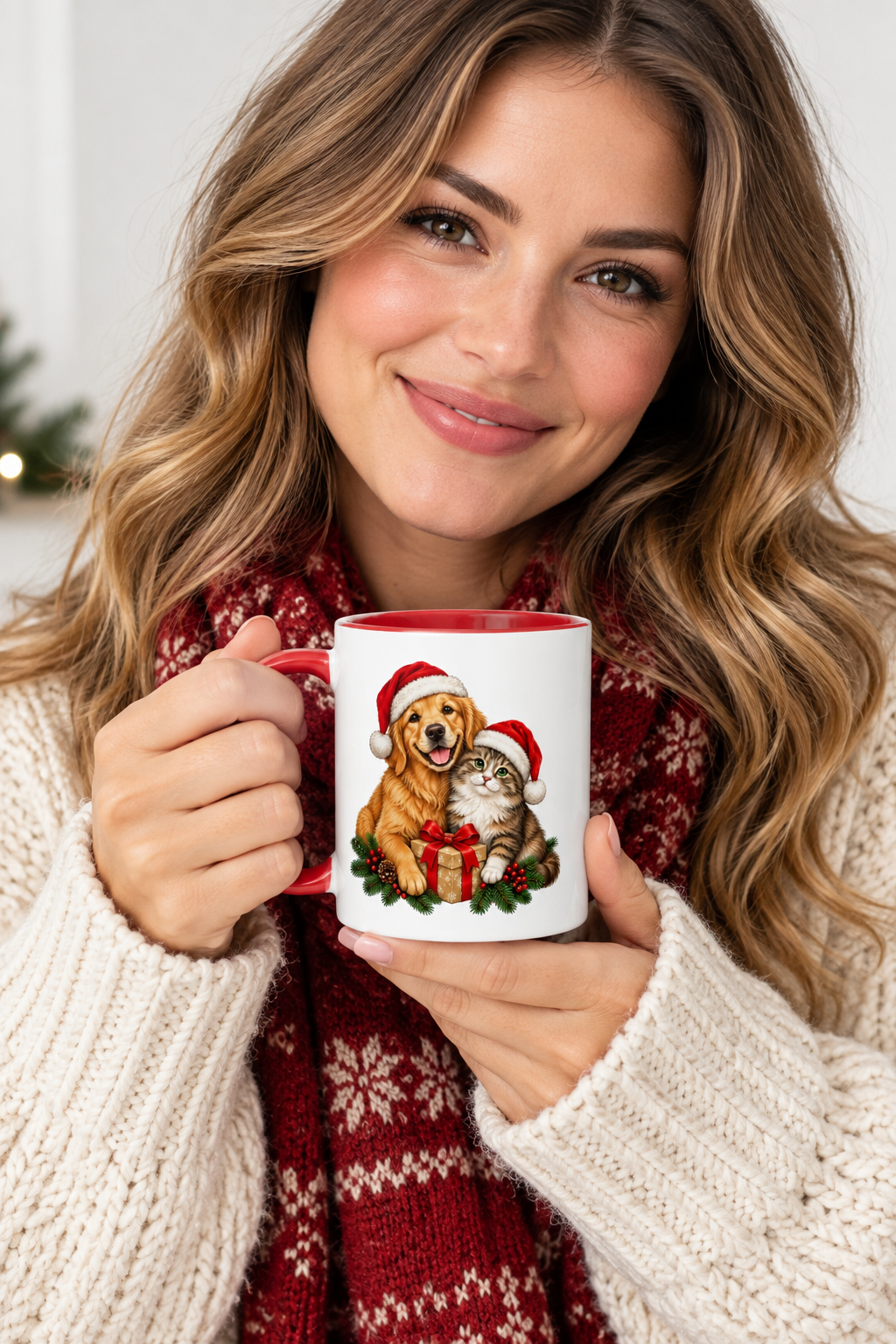 Christmas Cat and Dog Mug with Red Interior