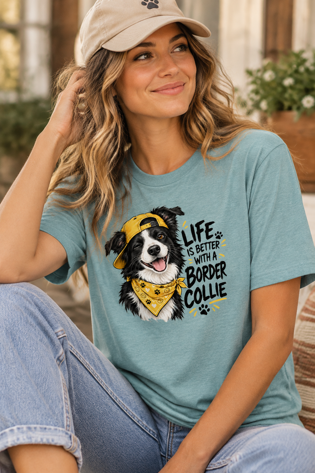 Woman in a blue shirt with Border Collie print and text, wearing jeans and a beige cap.
