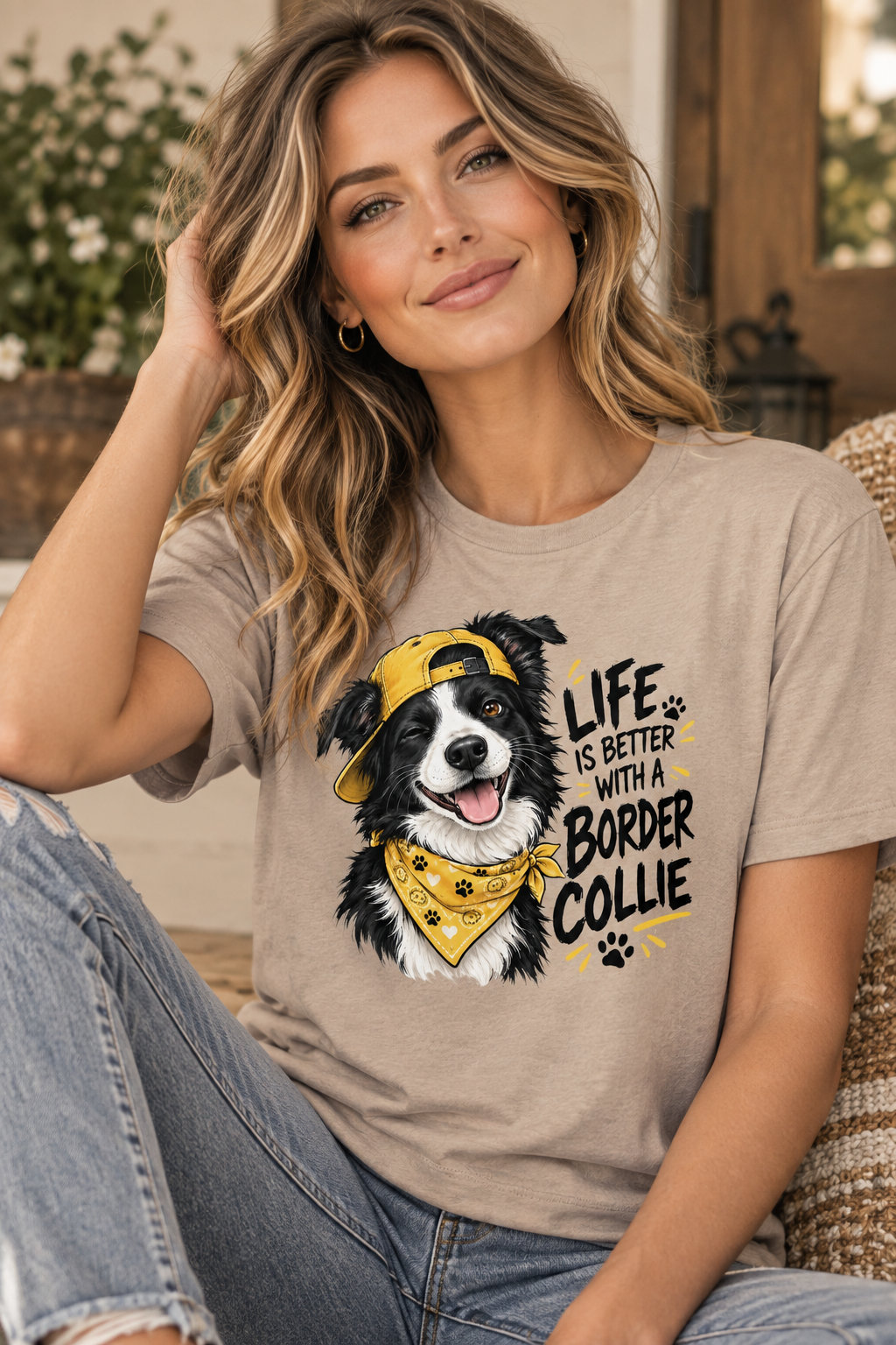 Smiling woman in beige shirt with Border Collie graphic, yellow accents, and ripped jeans.