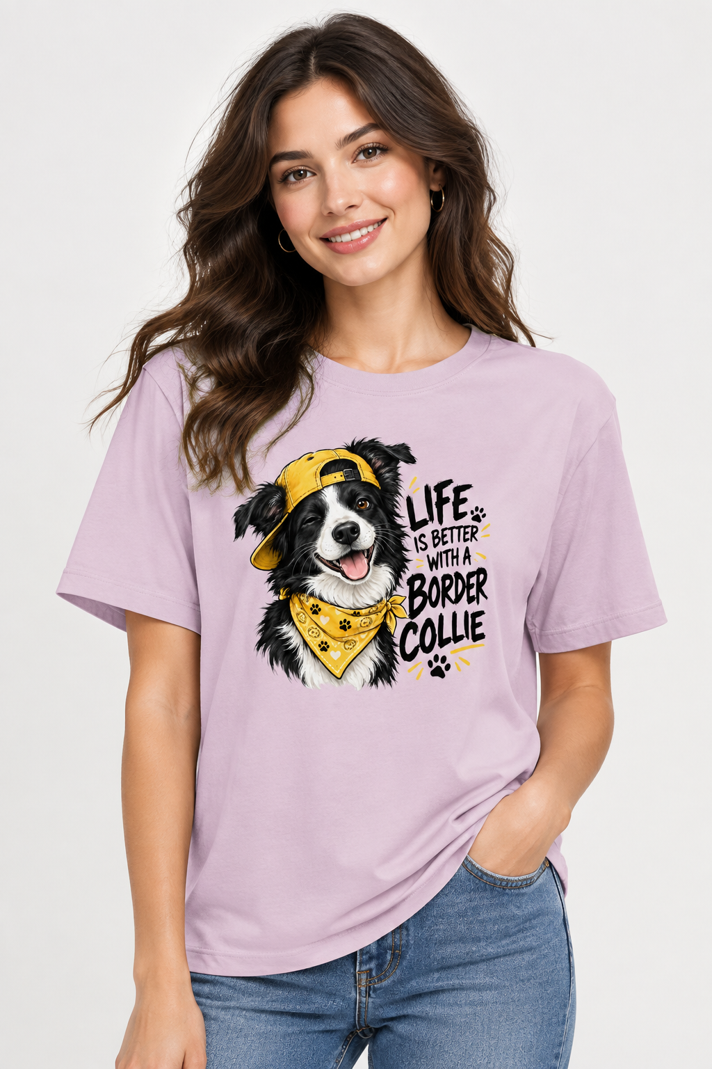 Woman in a lavender shirt with a Border Collie illustration and text, hand in pocket, smiling.
