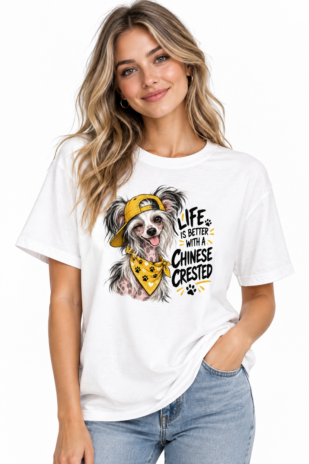 Woman with wavy hair in white T-shirt featuring a cartoon dog and text, wearing blue jeans.