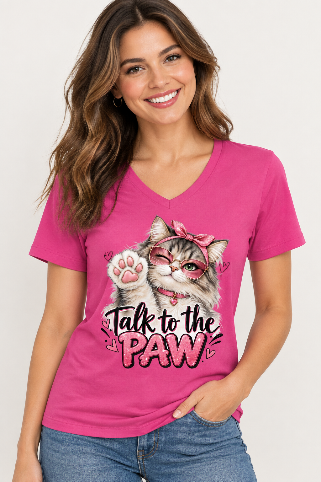Talk to the Paw Women’s Relaxed V-Neck Cat T-Shirt