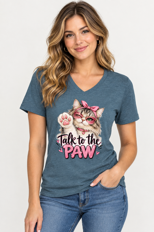 Talk to the Paw Women’s Relaxed V-Neck Cat T-Shirt