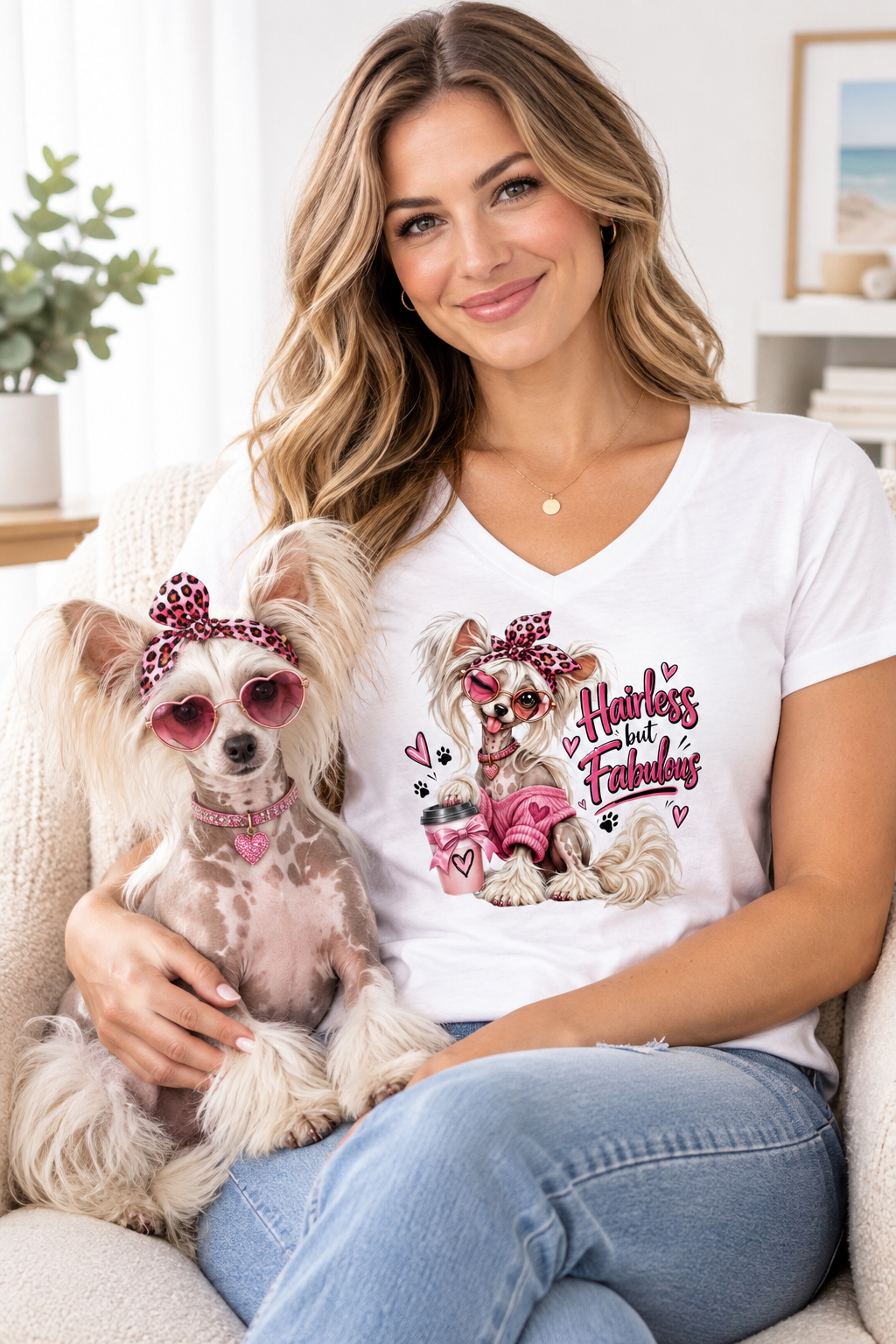 Hairless but fabulous, Chinese Crested, relaxed v-neck t-shirt