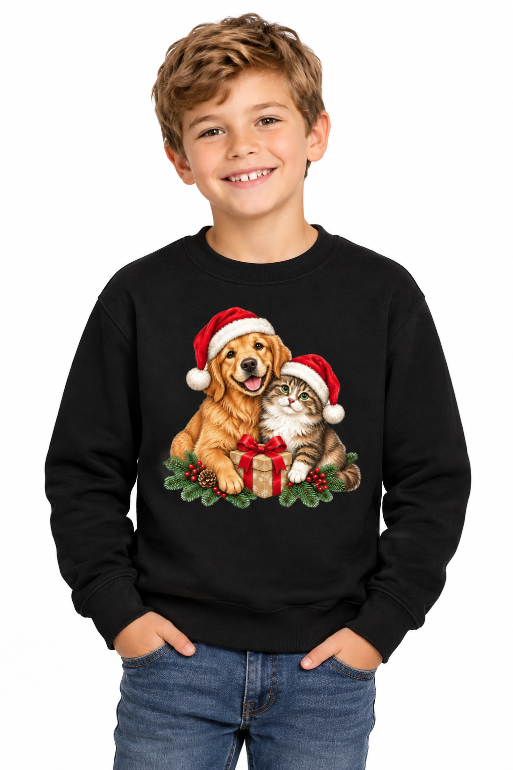 Christmas Dog and Cat Youth Crewneck Sweatshirt