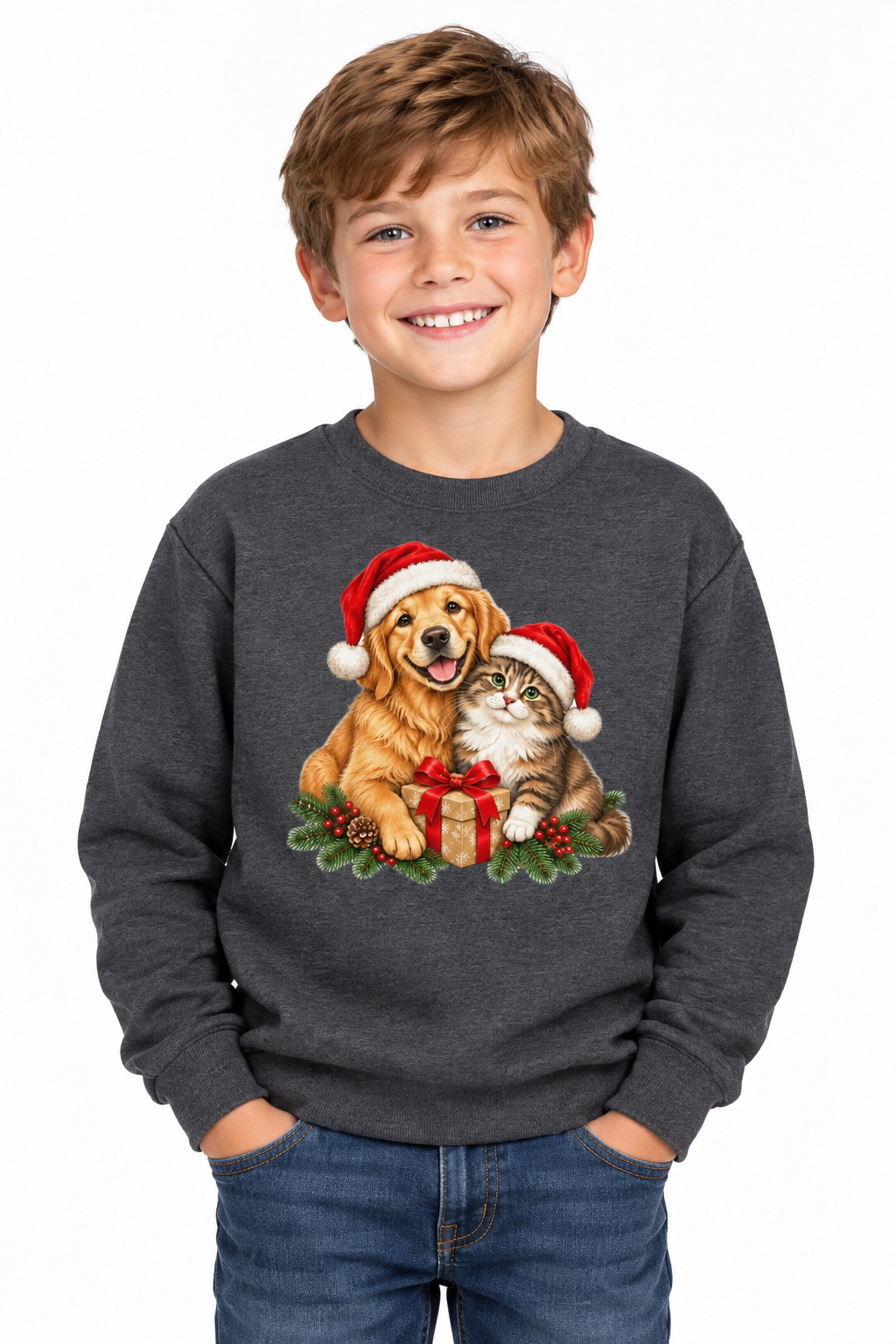 Christmas Dog and Cat Youth Crewneck Sweatshirt
