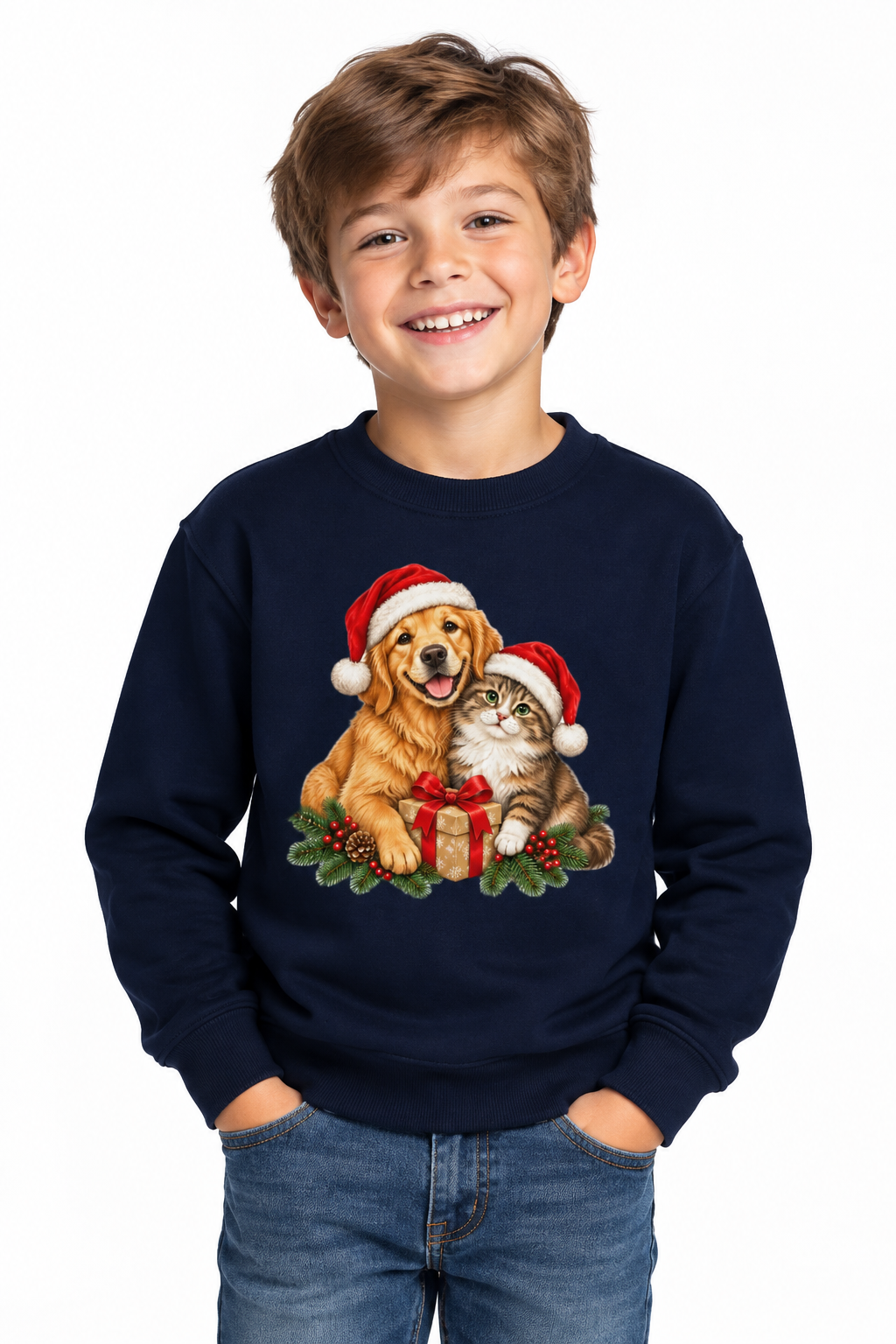 Christmas Dog and Cat Youth Crewneck Sweatshirt