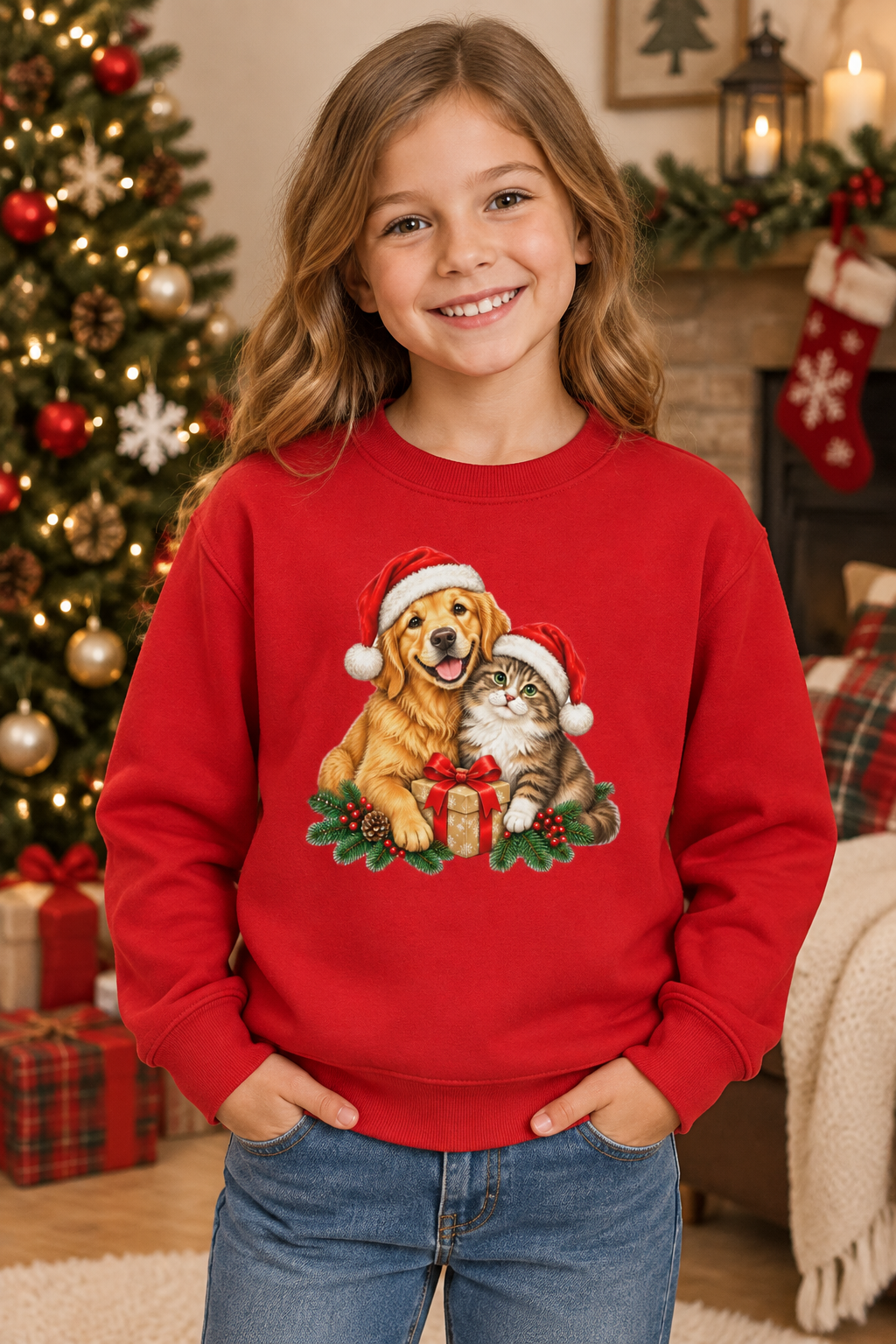 Christmas Dog and Cat Youth Crewneck Sweatshirt