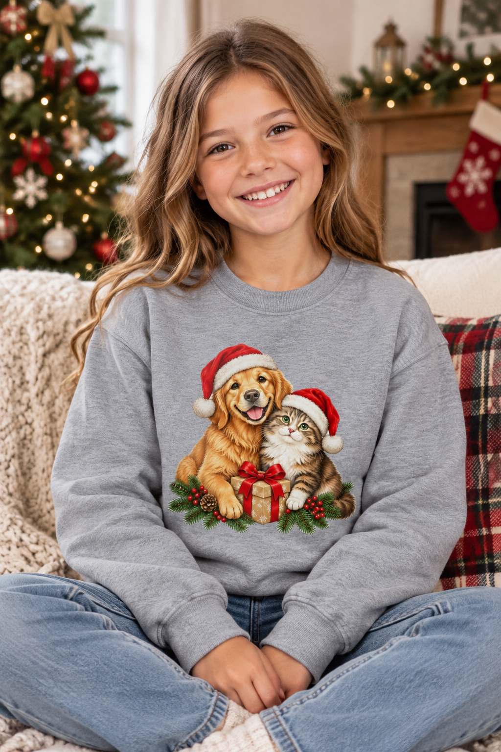 Christmas Dog and Cat Youth Crewneck Sweatshirt