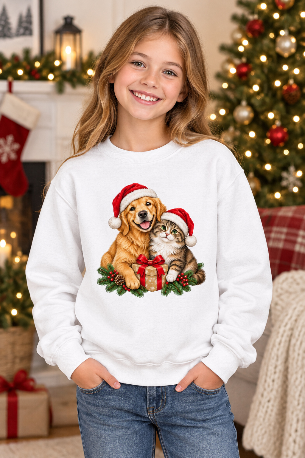 Christmas Dog and Cat Youth Crewneck Sweatshirt